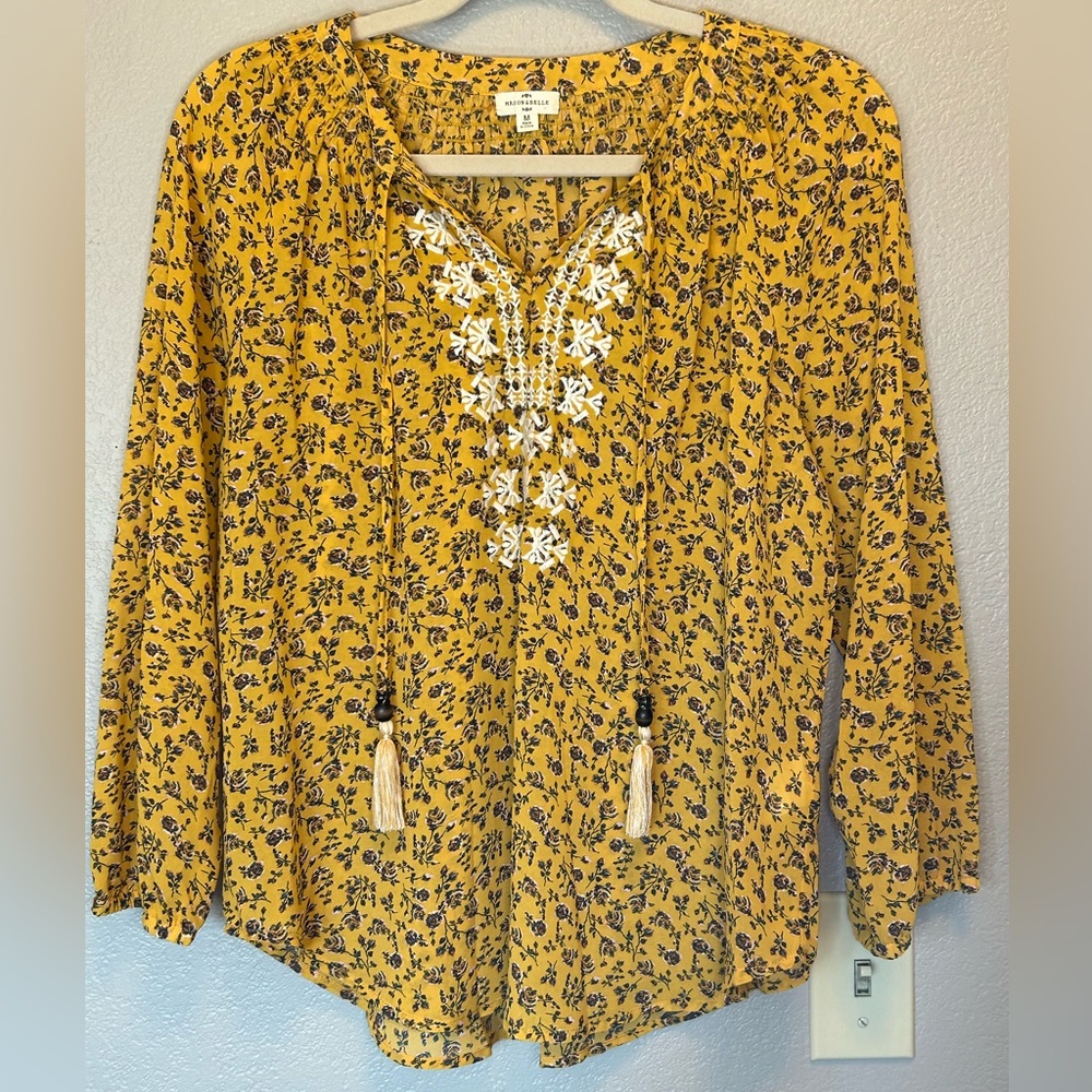Mason & Belle Gold Peasant Flowy Sheer Top Embroidered Beaded Bohemian Floral M